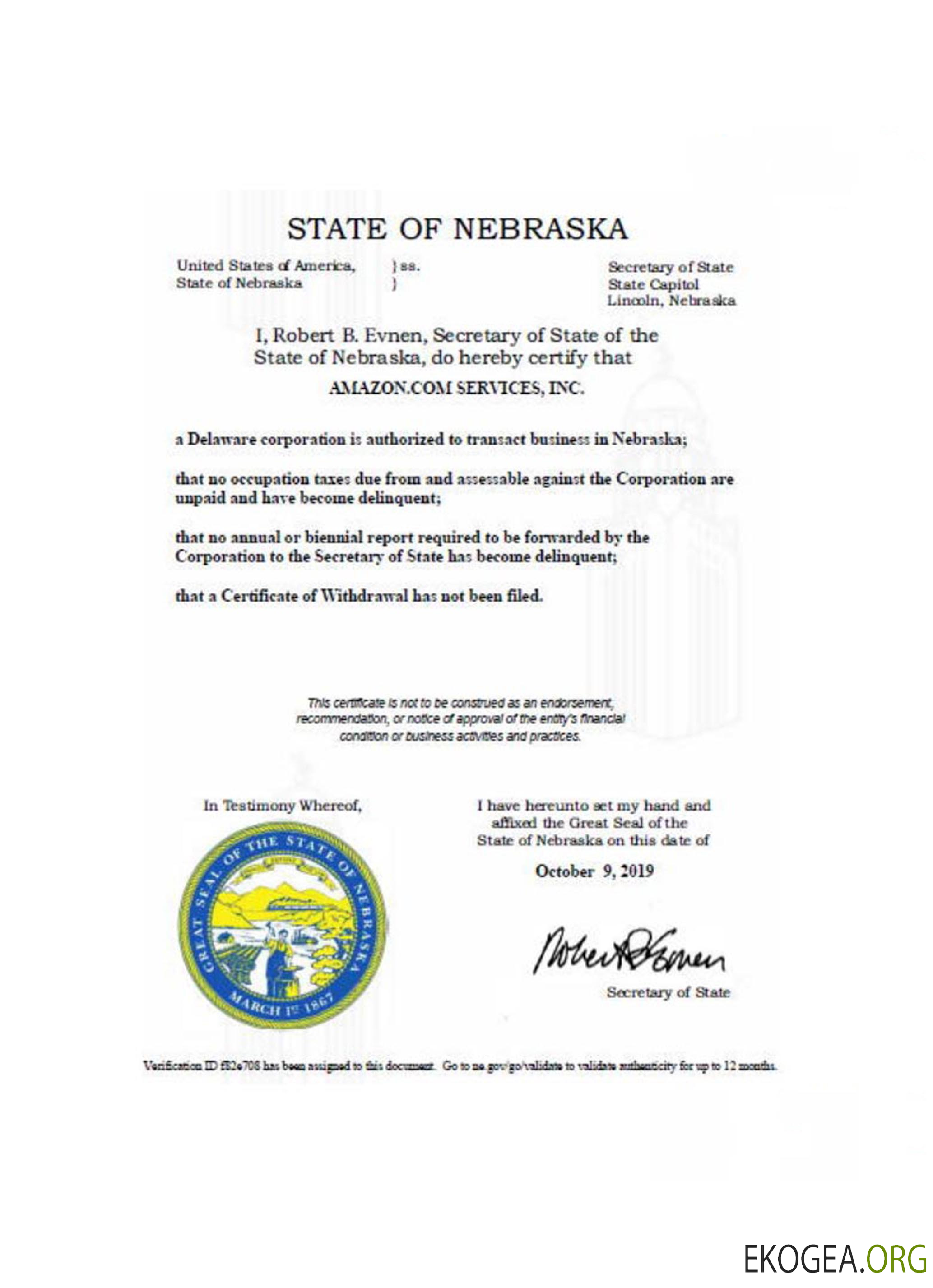 Certificat de bonne réputation des États Unis au Nebraska